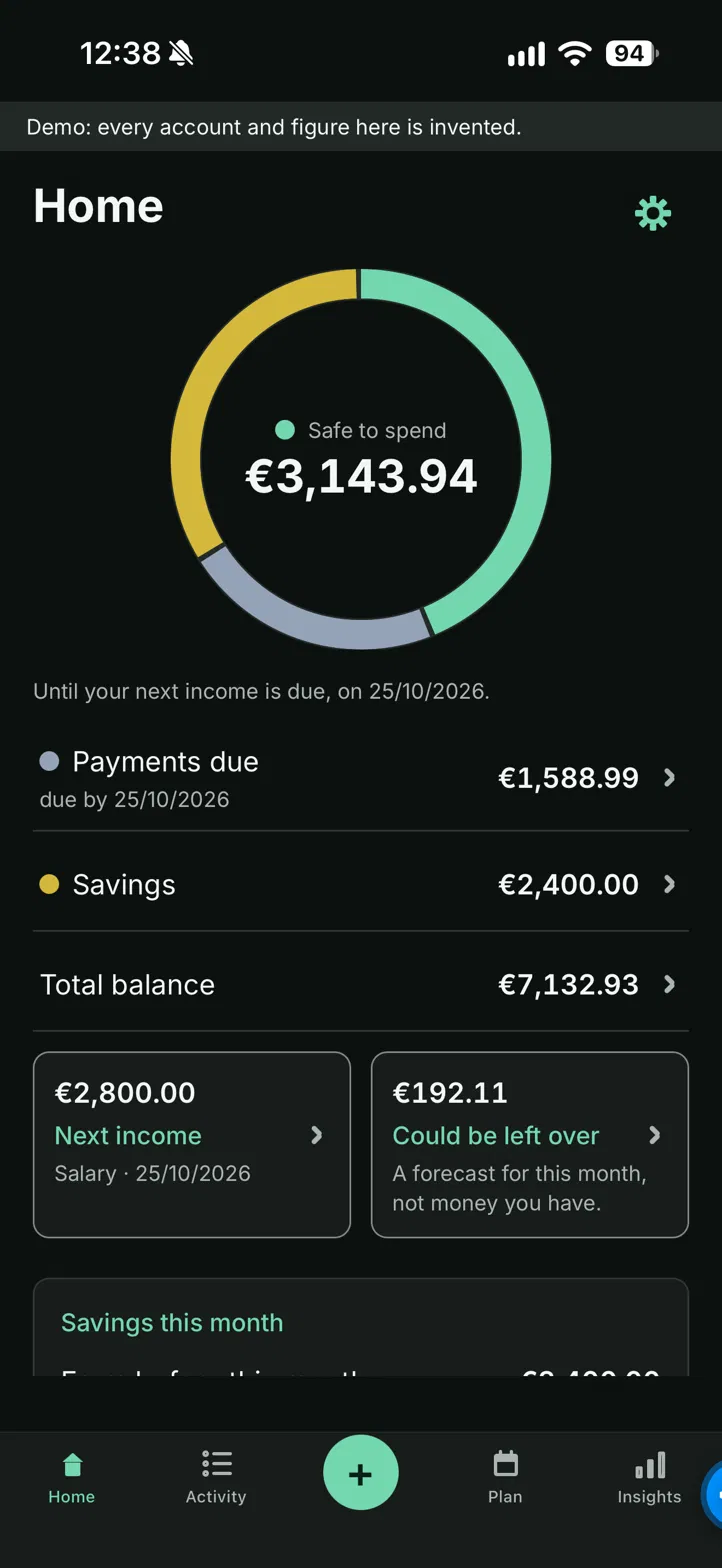 Ondesta Home screen showing safe-to-spend balance (demo figures)
